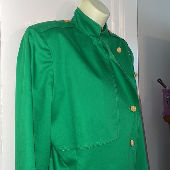 Vintage 80s Linda Lewis green cotton military style long jacket or coat dress - Picture 5 of 11